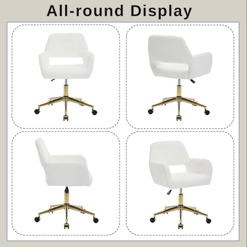 HENGJIANYI Faux Fur Swivel Desk Chair, Modern Fluffy Makeup Vanity Chair, Height Adjustable Armchair with Gold Base, Ergonomic Office Chair with Hollowed Back, White HENGJIANYI