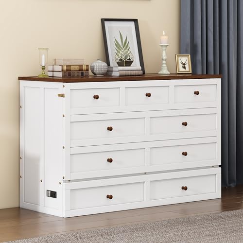 Merax Modern Farmhouse Solid Wood Murphy Bed Chest/Space Saving/Wood Slat Support/Queen,White+Walnut Merax