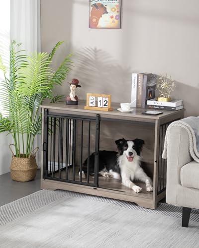 Hzuaneri Dog Crate Furniture, 39.4" Double Door Dog Crate with Barn Door, Dog Kennel Indoor, End Side Table Wooden Dog Crate for Small Medium Large Dog, Anti-Chew Anti-Escape, Greige - WoodArtSupply