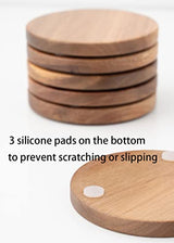 Wood Coasters for Drinks Tabletop Protection with Holder Set of 6, Acacia Wooden Coasters for Coffee Table Dining Table Desk Round with Non-Slip Pad Cup Coasters for Home Office Christmas Decor 4 Inch WLWNWFT