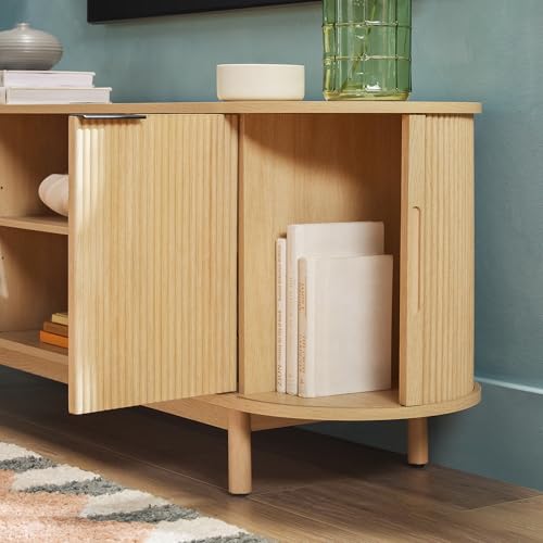 Walker Edison Modern Curved Reeded TV Stand for TVs up to 65 Inches, Credenza with Sliding Doors and Adjustable Shelves, TV Stand with Cord Management Cutout, 60 Inch, Coastal Oak Walker Edison