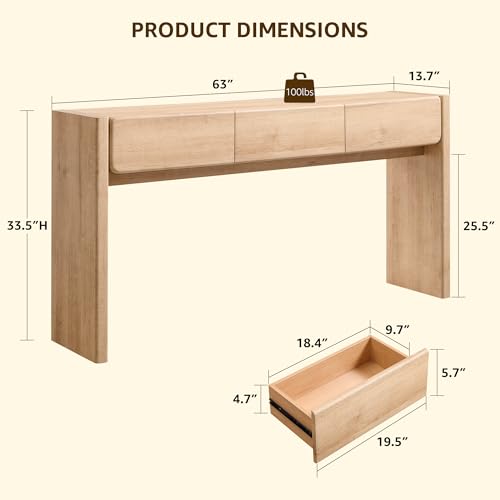 OKD 63'' Console Table with 3 Drawers, Farmhouse Entryway Table with Rounded Corners, Console Table Behind Couch for Living Room/Hallway-Natural Oak OKD