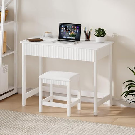 ChooChoo 40 Inch Modern Desk with Drawers, Makeup Vanity Desk with Padded Stool, Small Home Office Desk for Bedroom, White ChooChoo