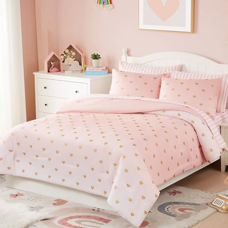Wink Deer Twin Comforter Set with Sheets for Girls-5 Pieces Twin Bedding Sets with Pink Comforter, Sheets, Pillowcase & Sham for Kids (Pink Gold Heart, 66" X 86") Wink Deer
