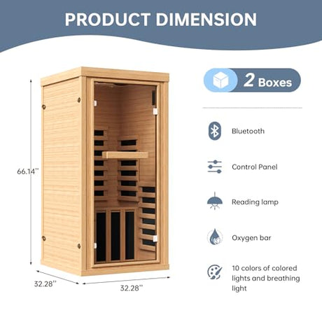 SunSwell 1-2 Person Far Infrared Wooden Sauna Room, Canadian Hemlock Indoor Dry Sauna Spa Room for Low EMF with Bluetooth Speakers and Control Panel, Whole Glass，32.28"x 32.28"x 66.14" SunSwell