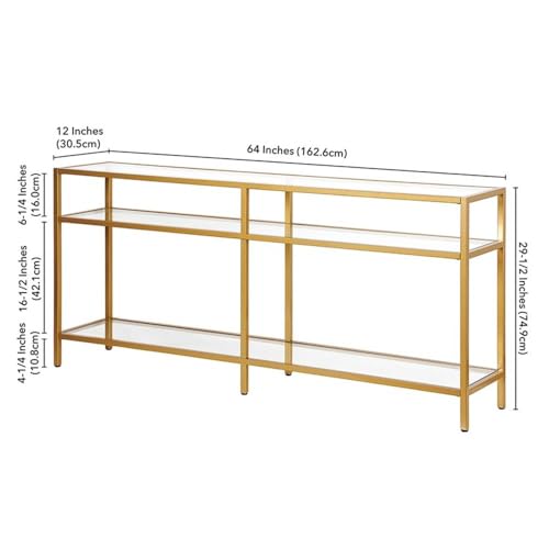 Pemberly Row Modern 64" Metal Console Table, Golden Brass Finish, Tempered Glass Top, 3-Shelf Design, Steel Frame, Stylish Entryway or Sofa Table for Living Room Decor Pemberly Row