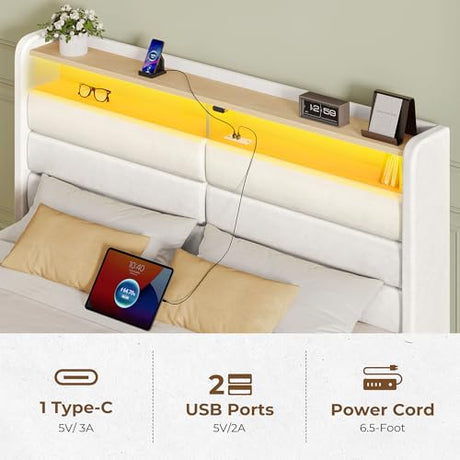 Seventable Full Size Bed Frame with 4 Storage Drawers & Charging Station, Upholstered Platform Bed with Storage Headboard and LED Light, No Box Spring Needed, Noise Free, Easy Assembly, Cream White Seventable
