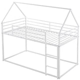 Merax Modern Heavy Metal House Low Bunk Bed Twin Over Twin, Montessori Floor Bunk Bed Frame with Full-Length Guardrail/No Box Spring Needed White Merax