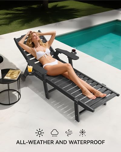 Carauci Lounge Chair Outdoor, HDPE Chaise Lounge with Wheels, 5-Position Adjustable Backrest & 2 Cup Holders Patio Lounge Chair, All-Weather Pool Sun Lounger for Poolside, Backyard, Black Carauci