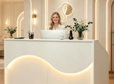 ZIMASYA Modern Reception Desk with Counter,55 Inch Front Desk Reception Counter with LED Lights,Built-in Outlets USB Charging Ports,Lockable Drawers for Office Salon Retail Store White