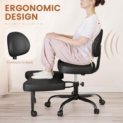 Shahoo Ergonomic Cross Legged Office Chair with Wheels - Adjustable Height Kneeling Meditation Chairs for ADHD, Yoga & Desk Work - Wide Criss Cross Seat with Lumbar Support, (Faux PU,Black) Shahoo