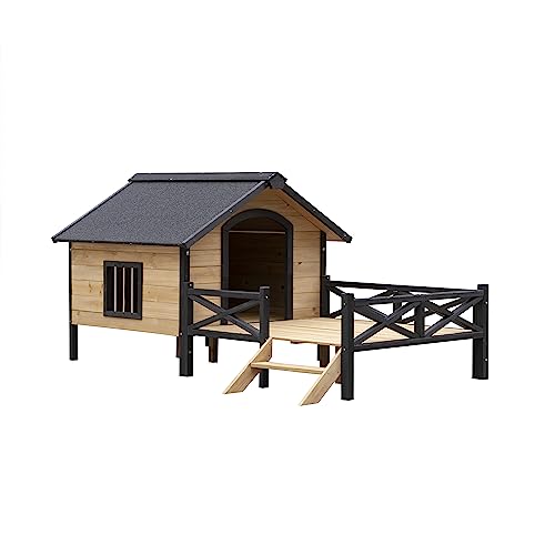 KOZYSFLER Rustic Cabin Style Outdoor Wooden Dog Kennel with Porch, Large Pet House for Dogs