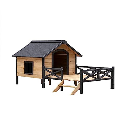 KOZYSFLER Rustic Cabin Style Outdoor Wooden Dog Kennel with Porch, Large Pet House for Dogs