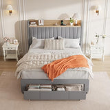 GarveeHome Upholstered Bed Frame with Storage Headboard and Charging Station, Platform Bed Frame with Drawers, Heavy Duty, No Box Spring Needed, Easy Assembly, Grey, Full Size GarveeHome
