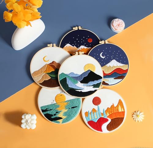 GLTAYLMY 3 Set Landscape Embroidery Kits for Beginners with Mountain Sun Moon Pattern,Adults Starter Cross Stitch Kit DIY Needlepoint Kits