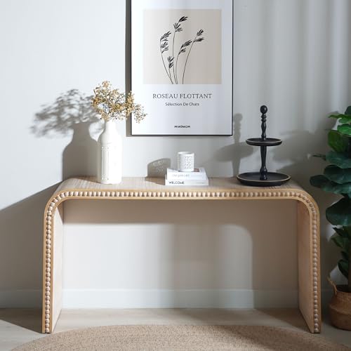 FGXJY 59" Natural Wood Console Table with Curved Waterfall-Style, Rustic Wooden Entryway Table with Wood Beads, Farmhouse Sofa Table Behind Couch for Living Room, Hallway, Entrance FGXJY