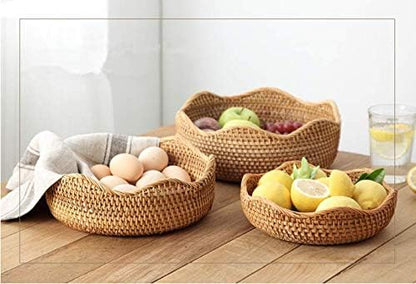 YANGQIHOME Rattan Bread Basket, Round Fruit Baskets, Wicker Storage Bowls, Natural Woven Serving Basket Bowls, Decorative Baskets for Kitchen Counter Organizing, Gift Basket, Set of 3