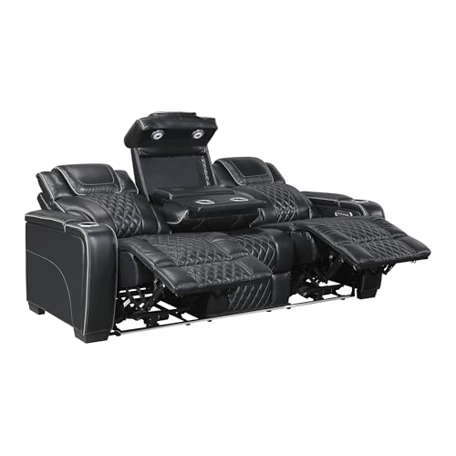 Lexicon Power Double Reclining Sofa, Center Drop-Down Table with Heat/Massage/Headrest/Storage Arms/Cup Holders/LED Lights/Wireless Charging, Top Grain Leather Match Wall Hugger Recliner Sofa, Black