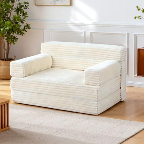 YEPDIN Folding Sofa Bed,Convertible Sofa Bed with Armrest Foldable Sleeper Chair, Portable Folding 4-in-1 Floor Sofa with Convertible Lounge Chair for Living Room,Bedroom,Washable Cover,White Single YEPDIN