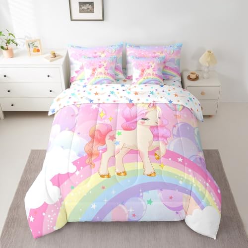 Feelyou Unicorn Girls Bed in a Bag King Rainbow Kids Pink Unicorn Comforter Set with Sheets Kawaii Cute Stars 7 Piece Bedding Set Teens Children Adults Cartoon Unicorn Room Decor All Season Feelyou