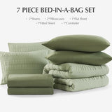 CASAAGUSTO Queen Comforter Set, 7 Pieces Sage Green Seersucker Bed in a Bag Queen Size Soft All Seasons, Bedding Sets with Comforter, Flat Sheet, Fitted Sheet, 2 Pillow Shams, 2 Pillowcases CASAAGUSTO