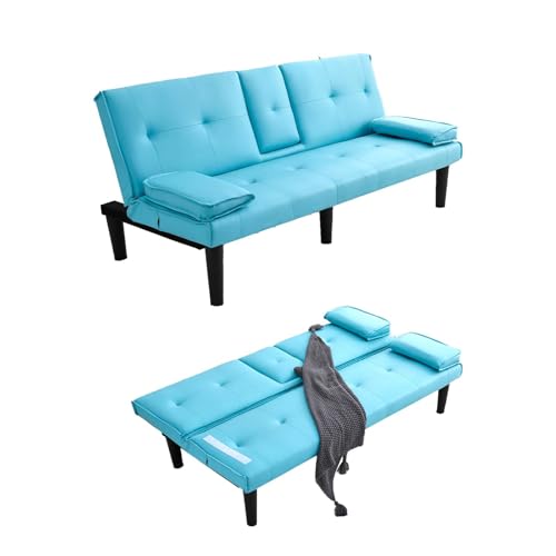 ODOLAR 67" Futon Sofa Bed,Convertible Sofa Bed with 2 Cup Holders,Sleeper Couch PVC Leather Removable Soft Armrest Small Couch for Living Room Apartments ﻿ (Blue) ODOLAR
