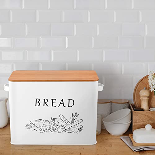 TeamFar Bread Box with Wooden Lid, 13.1” x 7.2” x 9.7” Metal Bread Container Storage Holder for Family Farmhouse Kitchen Countertop, Powder-Coated & Healthy, Large Capacity & Classic Pattern (White) TeamFar