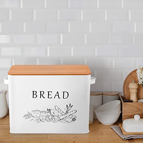 TeamFar Bread Box with Wooden Lid, 13.1” x 7.2” x 9.7” Metal Bread Container Storage Holder for Family Farmhouse Kitchen Countertop, Powder-Coated & Healthy, Large Capacity & Classic Pattern (White)