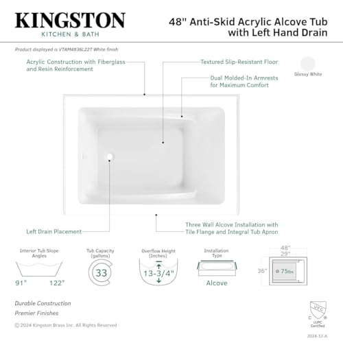 Aqua Eden VTAM4836L22T 48-Inch Acrylic 3-Wall Alcove Tub with Left Hand Drain, Glossy White Kingston Brass