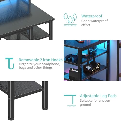 Lufeiya Gaming Desk with LED Lights and Storage Shelves, 47 inch Computer Desk with Power Outlets, Home Office Desk with Monitor Stand, Writing Table PC Desks, Black Lufeiya