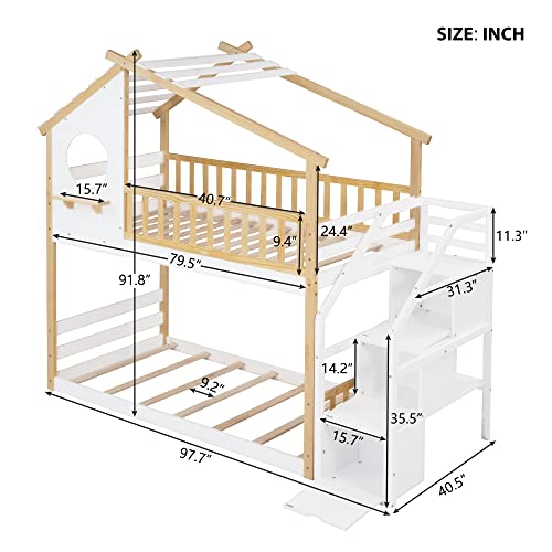 Harper & Bright Designs Twin Over Twin Bunk Bed with Stairs, Stairway House Bunk Bed Frame with Storage and Guard Rail for Kids Girls Boys (Natural and White) Harper & Bright Designs