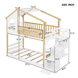 Harper & Bright Designs Twin Over Twin Bunk Bed with Stairs, Stairway House Bunk Bed Frame with Storage and Guard Rail for Kids Girls Boys (Natural and White) Harper & Bright Designs