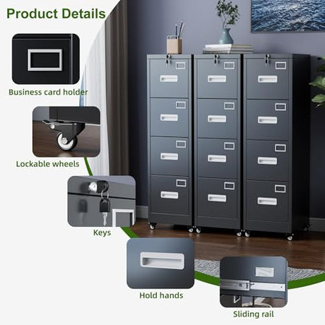 Aobabo 4 Drawer File Cabinet with Lock and Wheels, Metal Vertical Filing Cabinet with Anti-Tilt Interlock System for Home Office, Fits Letter/Legal Size, Black,Required Assembly Aobabo
