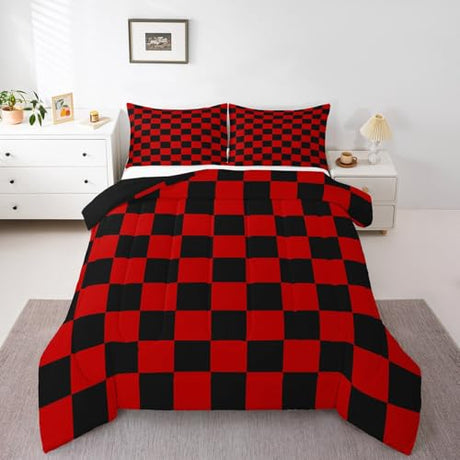 Feelyou Checkered Bedding Set Teen Women Men Red Black Plaid Comforter Set Twin Size Kids Boys Girls Cute Retro Neutral Checkerboard Geometric Duvet Insert Vintage Aesthetic Room Decor Feelyou
