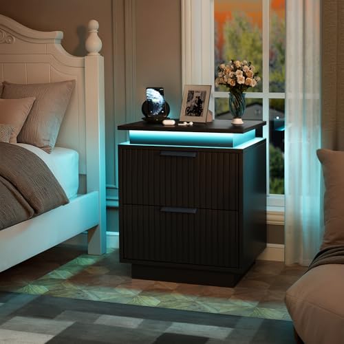 YESHOMY Nightstand with LED Lights, End Table with 2 Drawers and Waveform Panel, Night Stand with Handles, for Bedroom and Apartment, Black