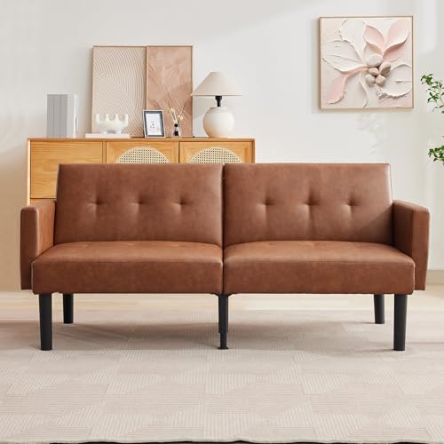 75.5” Convertible Futon Sofa Bed, PU Leather Small Couch Sofa with Wood Legs & 700lbs Capacity, Adjustable Folding Loveseat, Mid Century Modern Futon Couch, Cozy Couches for Living Room - Brown Amenitlif