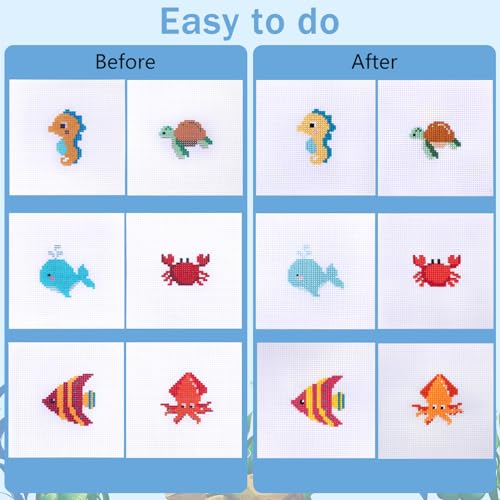 Caydo 6 Pieces Sea Animal Cross Stitch Kit for Kids with Stamped Aida Cloth, Embroidery Hoops, Keychains, Embroidery Tools and Instructions for Beginners DIY Craft Ornament