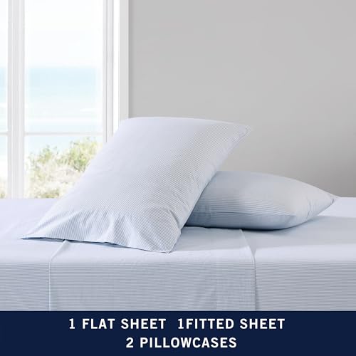 Nautica - Twin XL Sheet Set, Cotton Percale Bedding Set, Crisp & Cool, Lightweight & Breathable (Penny Pinstripe Blue, Twin XL) Nautica