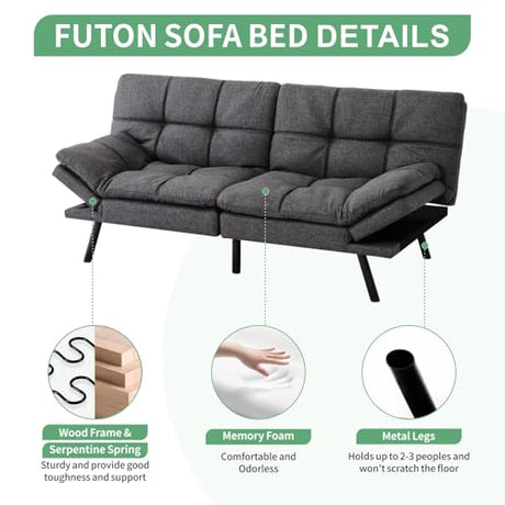 MUUEGM 71" Futon Sofa Bed, Convertible Couch Filled with Memory Foam, Modern Loveseat with Adjustable Backrest&Armrest, Sofas for Living Room,Game Room,Dormitory,Office.Grey Fabric MUUEGM