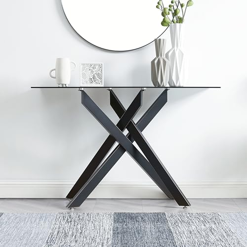 Edwin's Choice Black Glass Console Table Narrow Sofa Table with Grey Tempered Glass Top and Black Metal Tubular Legs with Gold Rim, 45”Lx18”Wx30”H Edwin's Choice
