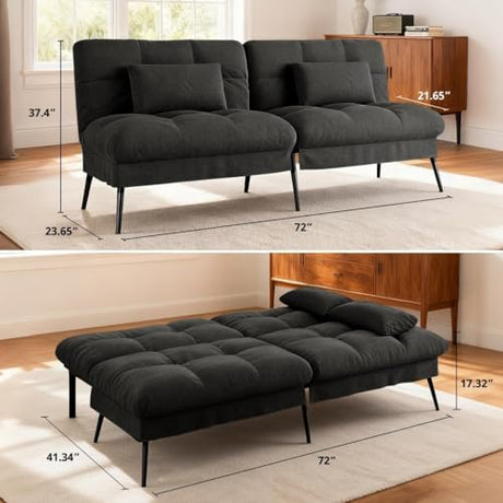 COMHOMA Convertible Futon Sofa Bed, 72″Fabric Futons Couch with Adjustable Backrest, Folding Sleeper Recliner for Living Room Furniture (Black) COMHOMA