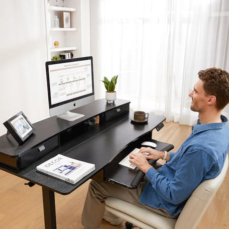 HUANUO 48" x 26" Electric Standing Desk with 2 Drawers & 26.7" Large Keyboard Tray, C-Clamp Mount Compatible, Adjustable Computer Desk for Home Office, Stand Up Desk with 4 Height Presets, Black HUANUO