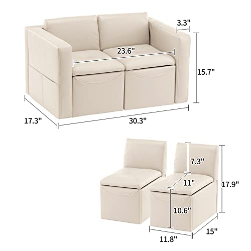 UNICOO –Kids Sofa, 2-in-1 Double Set Sofa Convert to Table & 2 Chairs, Children Boys Girls Couch Armrest Chair with Storage Box (ZKL-111K-Beige) UNICOO
