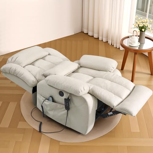 Infinite Position Lay Flat Lift Recliner Chair for Adults, Dual Motor Power Lift Chair for Elderly with Massage & Heating, USB Ports, Remote Control & Lumbar Pillow, Linen Fabric (Ivory)