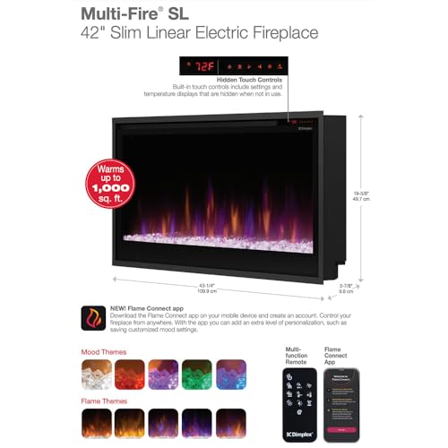 Dimplex 42 Inch Slim Built-in Linear Electric Fireplace Heater | Shallow 4-Inch Depth with LED Multi-Color Flames | Remote and Acrylic Crystal Ember Bed Included | Thin Flush Mount | 1500W DIMPLEX