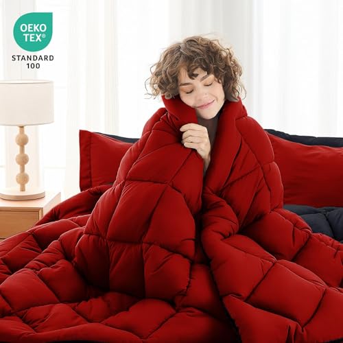 MUXHOMO 7 Pieces Full Comforter Set, Reversible Bed in a Bag Full Size, All Season Bedding Set with Comforter, Flat Sheet, Fitted Sheet, Pillowcases & Shams, Red & Black MUXHOMO