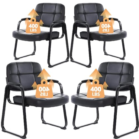 CLATINA Big & Tall Waiting Room Guest Chair Comfortable Reception Chairs with Bonded Leather Padded Arm Rest and Sled Base for Office Reception Lobby and Conference Desk, Black(4 Pack) CLATINA