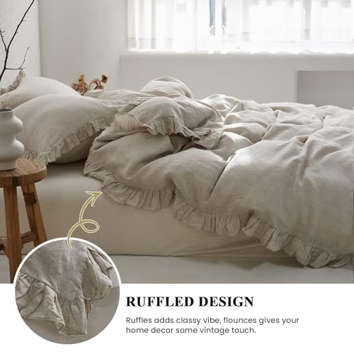 Simple&Opulence 100% Linen Duvet Cover Set, 3 PCS Natural French Flax Ruffle Duvet Cover Full Size, Breathable Comfy Linen Bedding Comforter Cover with 2 Pillowcases (Natural Linen, 78"X 86") Simple&Opulence