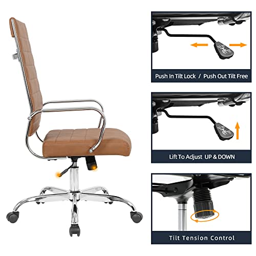 LANDSUN Home Office Chair High Back Executive Chair Ribbed Leather Computer Desk Chair with Armrests Soft Padded Adjustable Height Swivel Modern Conference Chrome Brown LANDSUN