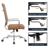 LANDSUN Home Office Chair High Back Executive Chair Ribbed Leather Computer Desk Chair with Armrests Soft Padded Adjustable Height Swivel Modern Conference Chrome Brown LANDSUN
